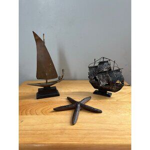 Vintage Nautical Decor Set With Metal Sailboat Pirate Ship & Starfish Sculpture